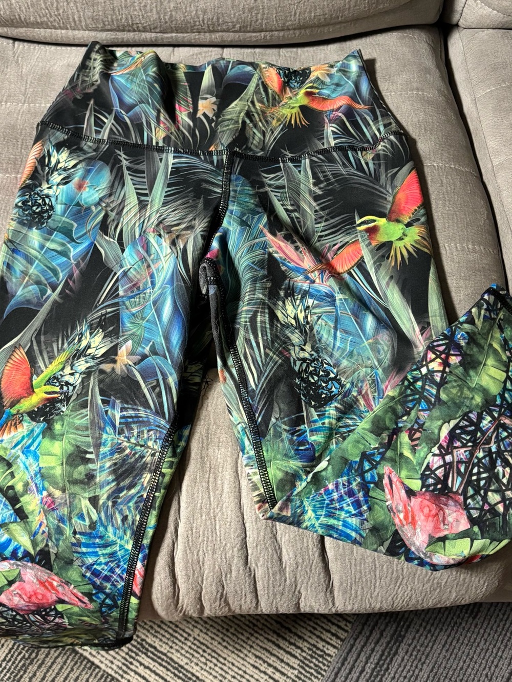 Evolution and Creation Tropical Parrot Print Leggings - Black & Green